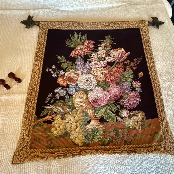 Floral Tapestry Wall Hanging with Black Background